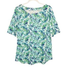J. Jill Pima Slub Elbow Sleeve Tee Top Tall Spearmint Watercolor Fronds NWT